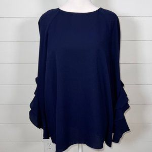 Cremieux Navy Ruffled Long Sleeve Blouse Size M